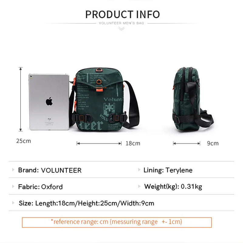 VOLUNTEER Men’s Crossbody Bag 1518-29A - Large Capacity Multi-Pocket Oxford Shoulder Bag for Hiking & Casual Use