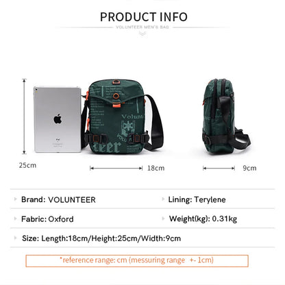 VOLUNTEER Men’s Crossbody Bag 1518-29A - Large Capacity Multi-Pocket Oxford Shoulder Bag for Hiking & Casual Use