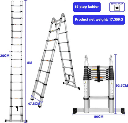 16.5FT (5M) Telescopic Aluminium Ladder – Extendable Folding Ladder with Non-Slip Steps, 150kg Load Capacity