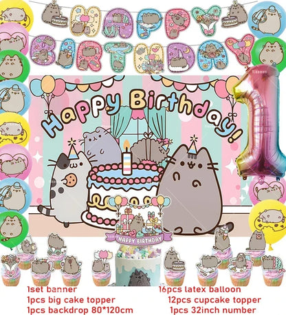 Pusheen Cat Birthday Party Decorations - Cartoon Pet Theme Balloons, Banner, Backdrop, Cake Topper, and Baby Shower Stickers