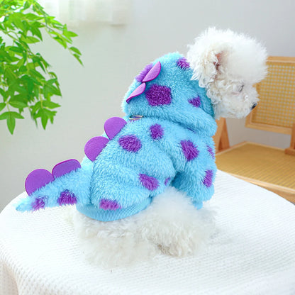 Pet Hooded Coat: Warm Blue Dinosaur Jacket for Small-Medium Dogs - Autumn/Winter Thickened Clothing with Drawstring Buckle