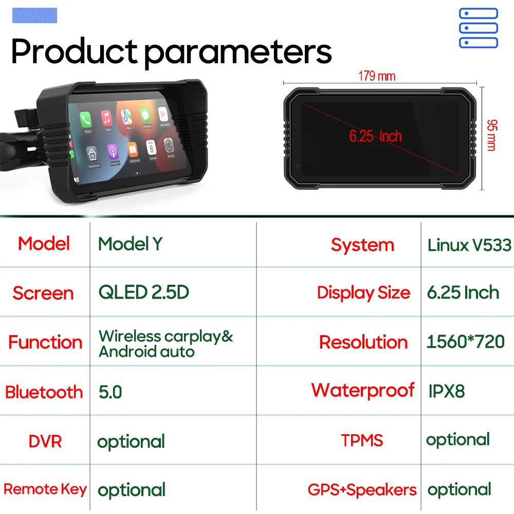 6.25-Inch Motorcycle GPS Navigation Screen with Wireless CarPlay & Android Auto – 1560x720 Resolution, Motor DVR Monitor, TPMS Optional