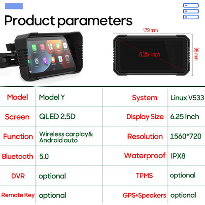 6.25-Inch Motorcycle GPS Navigation Screen with Wireless CarPlay & Android Auto – 1560x720 Resolution, Motor DVR Monitor, TPMS Optional