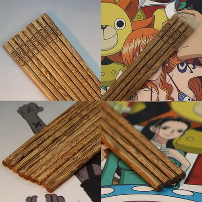 2 Pairs ONE PIECE Wooden Chopsticks – Anime Cartoon, Non-Slip, Reusable Tableware for Lunch, Sushi, with Belt Bag Accessory