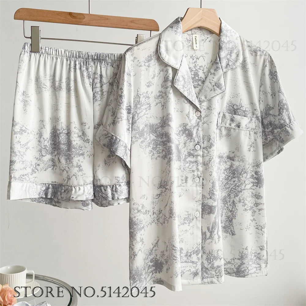 Fashion Floral Print Satin Pajamas Set for Women – Spring Summer Loose Sleepwear Loungewear Homewear Suit