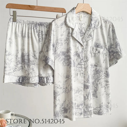 Fashion Floral Print Satin Pajamas Set for Women – Spring Summer Loose Sleepwear Loungewear Homewear Suit