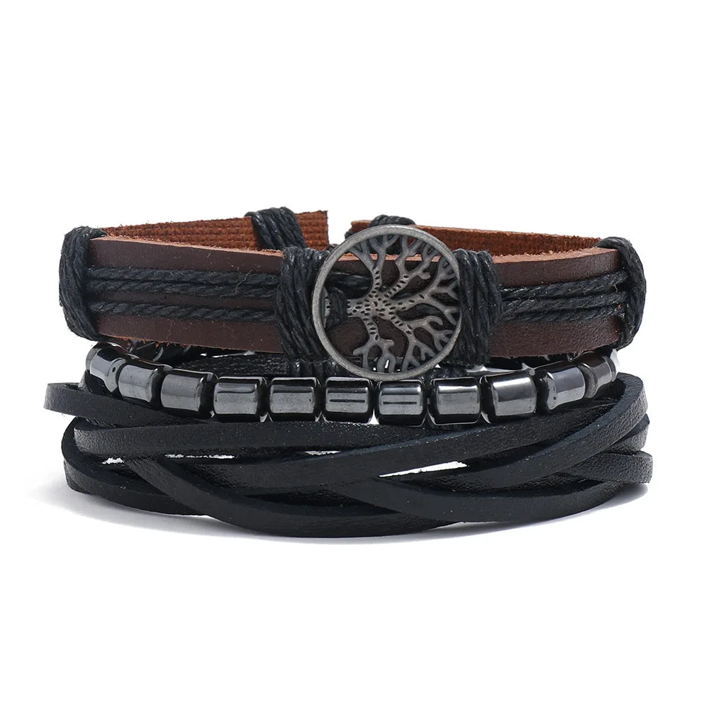 4Pcs Men's Braided Leather Bracelets Set – Vintage Life Tree & Rudder Charms, Wood Beads, Ethnic Tribal Wristbands