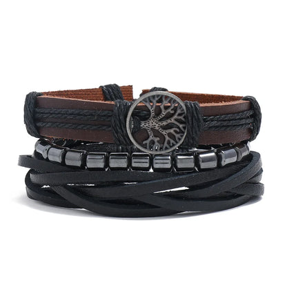 4Pcs Men's Braided Leather Bracelets Set – Vintage Life Tree & Rudder Charms, Wood Beads, Ethnic Tribal Wristbands