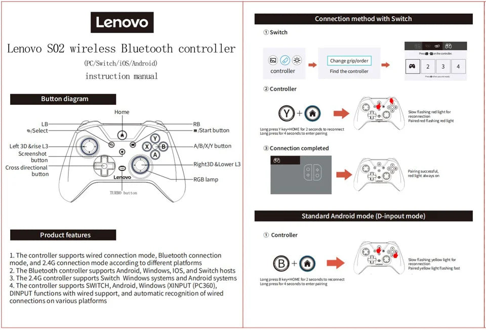 Lenovo S02 Wireless Bluetooth RGB Controller - Multi-Function Gamepad for Nintendo Switch OLED, Switch Lite, PC & Mobile