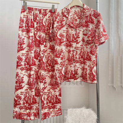 Fashion Floral Print Satin Pajamas Set for Women – Spring Summer Loose Sleepwear Loungewear Homewear Suit