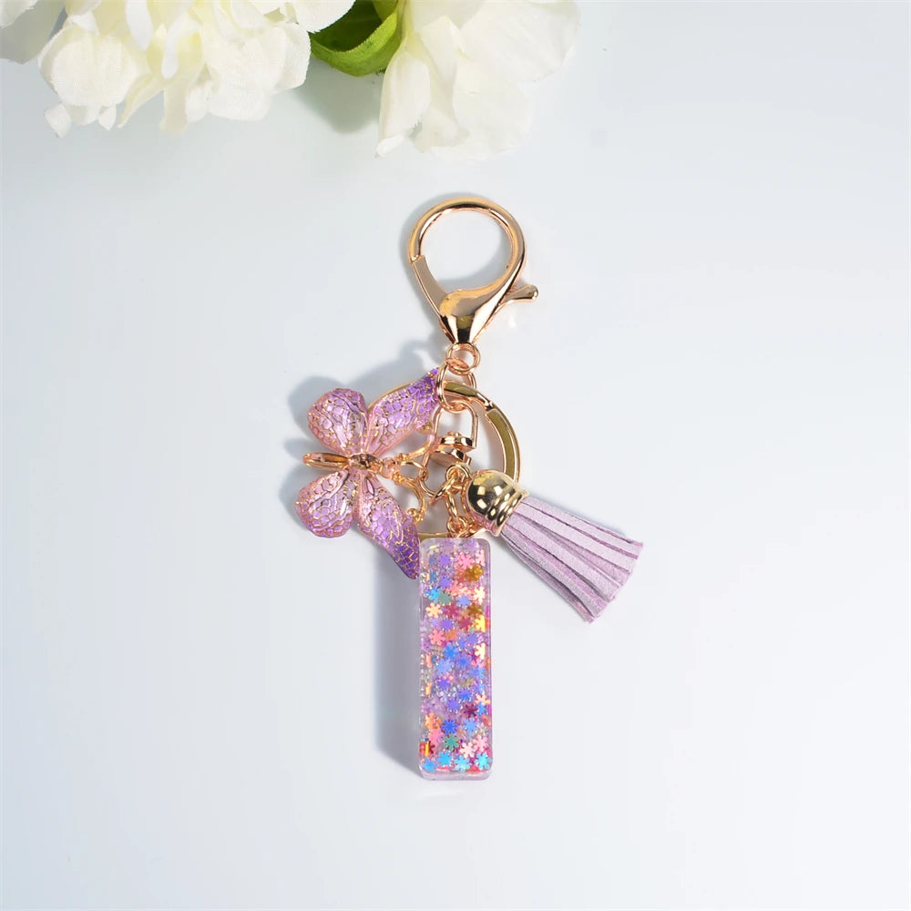 A-Z Sequin Initial Keychain - Dreamy Butterfly Tassel Pendant Bag & Purse Charm for Women