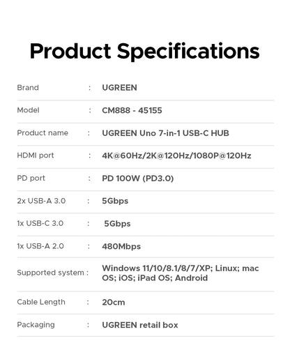 UGREEN 7-in-1 USB-C Hub – 4K HDMI, USB 3.0, RJ45 Gigabit Ethernet Docking Station for MacBook & Laptops
