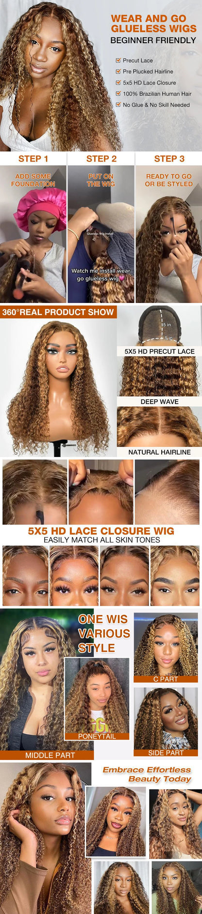 Deep Wave Honey Blonde Glueless Human Hair Wig — Pre-Cut HD Lace Front Ombre Curly Wig for Women