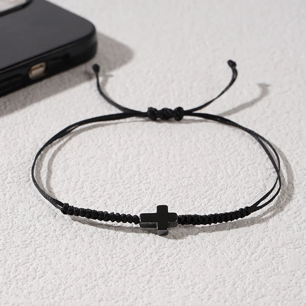 Minimalist Black Cord Cross Bracelet - Handcrafted Woven Protection Jewelry Gift for Men