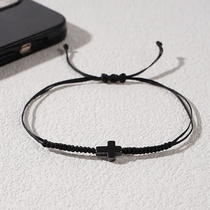 Minimalist Black Cord Cross Bracelet - Handcrafted Woven Protection Jewelry Gift for Men