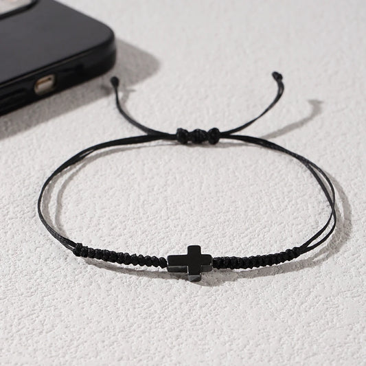 Minimalist Black Cord Cross Bracelet - Handcrafted Woven Protection Jewelry Gift for Men