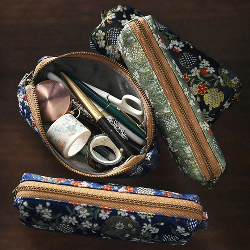Retro Kawaii Pencil Case – Embroidery Pen Case with Golden Thread, Trousse School Supplies & Pencil Pouch