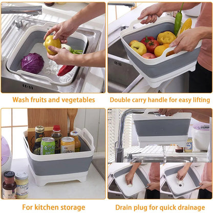 9L Collapsible Wash Basin - Portable Plastic Sink with Drain Plug for Vegetables, Fruits, Dishes & Storage