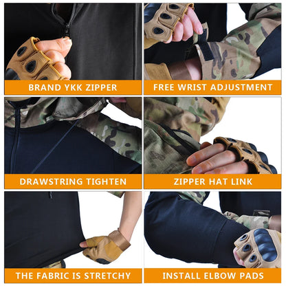 Men’s Tactical Camo Hooded Combat Shirt – Durable Cotton Airsoft & Paintball Hunting Outdoor Wear-Resistant Military Style T-Shirt
