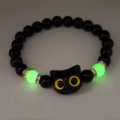 Couples Matching Luminous Cat Bracelets – Cute Black & White Cat Head Bead Friendship Bracelet for Men and Women