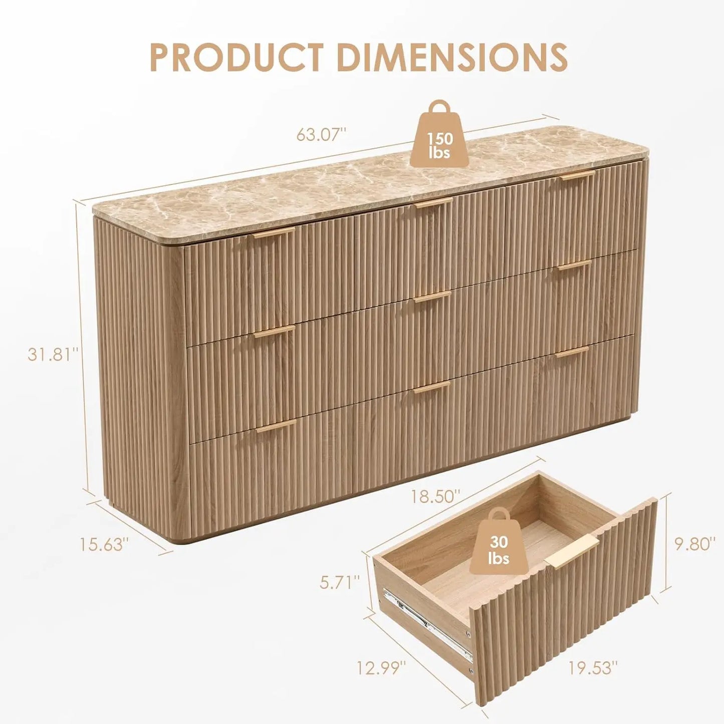 63" Fluted 9-Drawer Bedroom Dresser – Modern Chest with Faux Marble Top, Curved Corners & Customizable Storage Cabinet