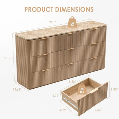 63" Fluted 9-Drawer Bedroom Dresser – Modern Chest with Faux Marble Top, Curved Corners & Customizable Storage Cabinet
