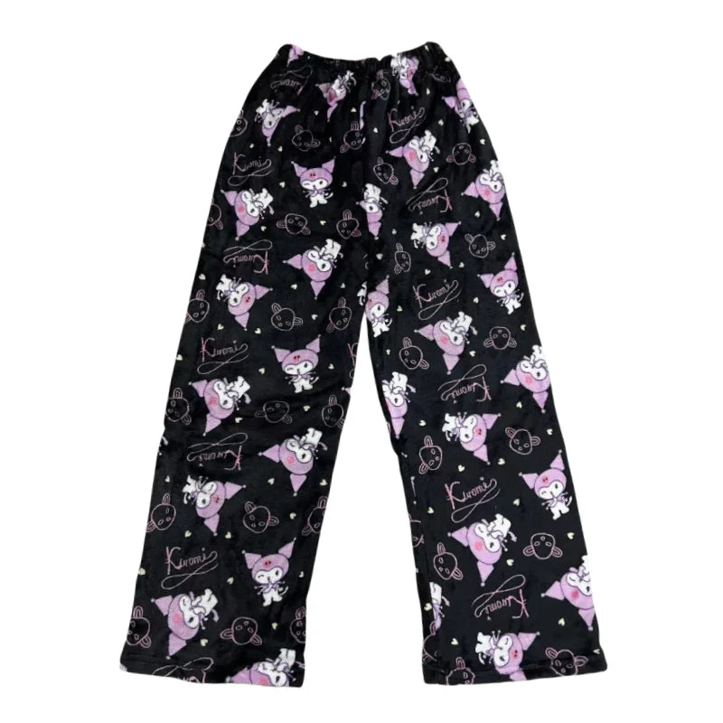 Kawaii Hello Kitty Flannel Pajama Pants – Warm Woolen Anime Trousers for Women, Cute Autumn Loungewear Gift