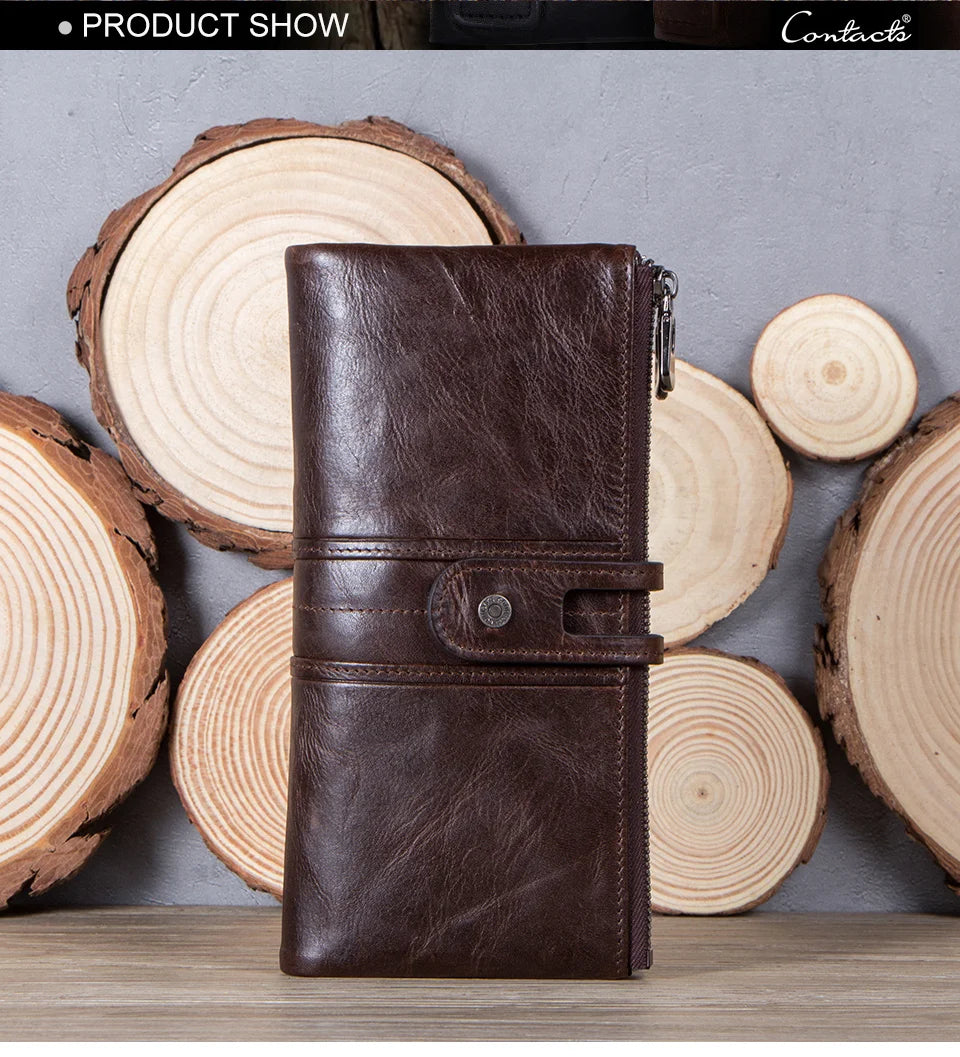 CONTACT'S Men’s Genuine Leather Clutch Wallet – Long Vintage Wallet with Card Holder, Zipper Coin Purse & Money Bag