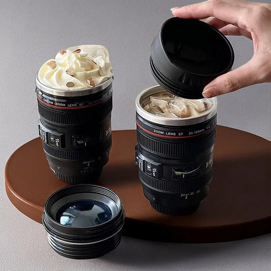 SLR Lens Cup - Camera Lens Model Plastic Casual Cup with Lid EF24-105mm Coffee Mug, White/Black - Creative Gift