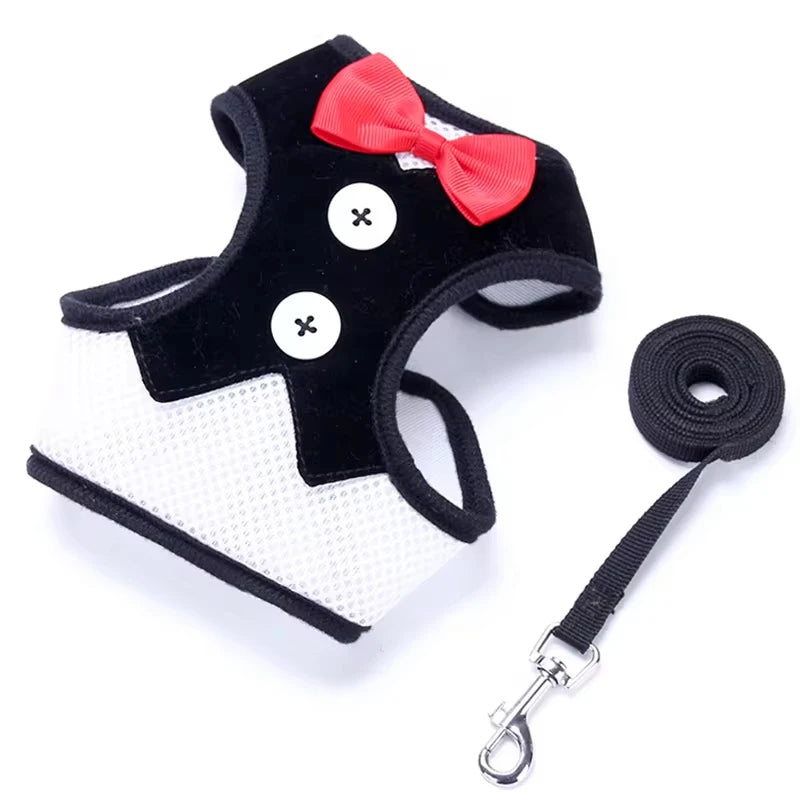 Elegant Bowtie Pet Harness Vest - Adjustable Cat Dog Leash Set Cute Tuxedo Bowknot Suit for Puppy Kitten