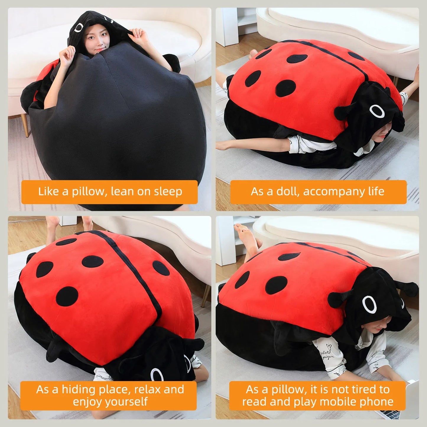 Wearable Ladybug Plush Pillow – Cute 60cm/23in Oversized Stress-Relief Sleeping Pillow for Kids & Adults