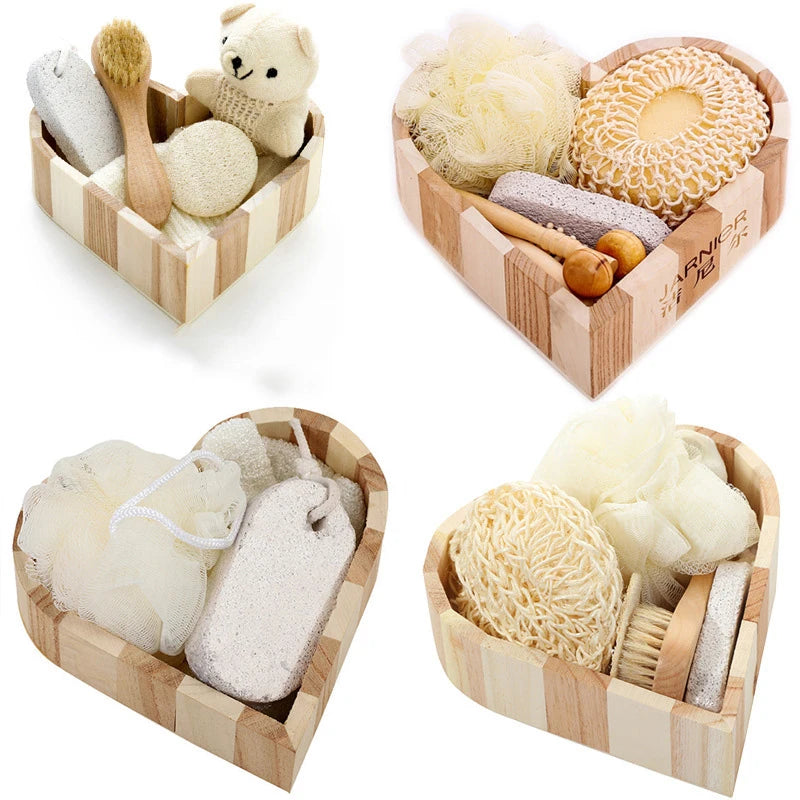 Spa Heart-Shaped Gift Box – Bathing Skin Cleaning Kit for Women with Sisal Bath Flower, Back Scrubber Gloves & Massager
