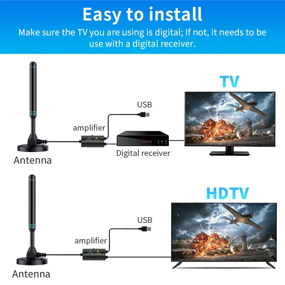 HD Digital TV Antenna with Amplifier - Adjustable Indoor & Outdoor UHF Universal Signal Receiver