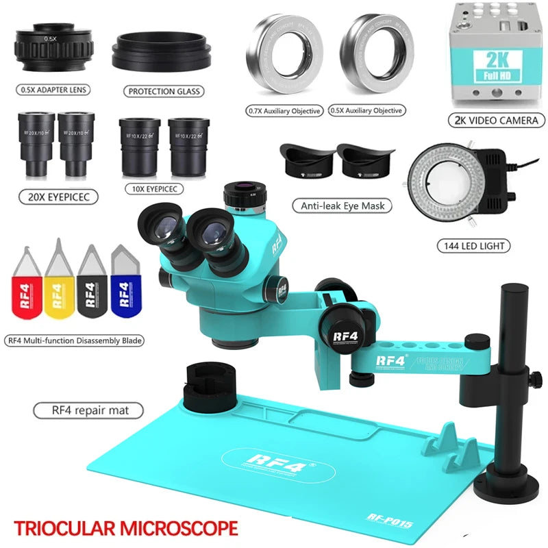 RF4 Trinocular Stereo Microscope Set – 360° Rotation Articulating Arm Stand, Phone Soldering & PCB Repair, Model RF7050TVPRO-F019
