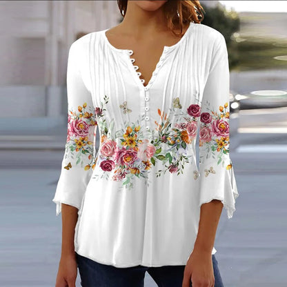 2024 Trendy 3D Printed Women’s Blouse Shirt – V Neck Button-Up 3/4 Sleeve Elegant Spring Summer Fashion Top