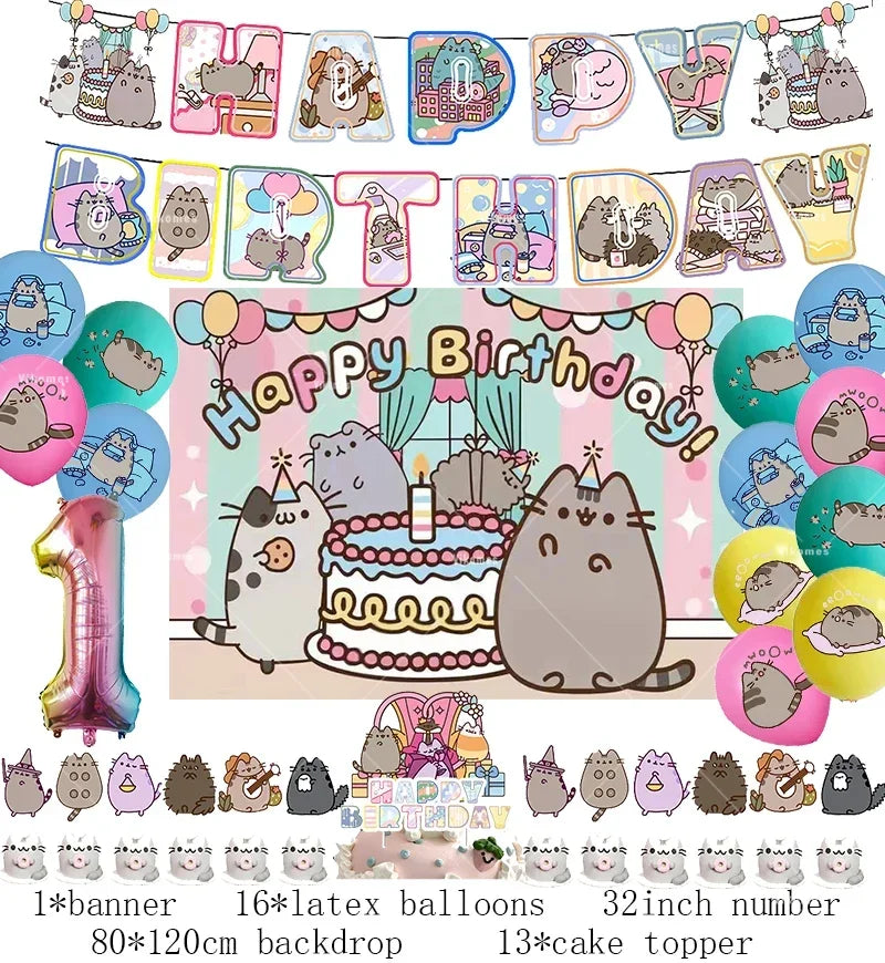 Pusheen Cat Birthday Party Decorations - Cartoon Pet Theme Balloons, Banner, Backdrop, Cake Topper, and Baby Shower Stickers
