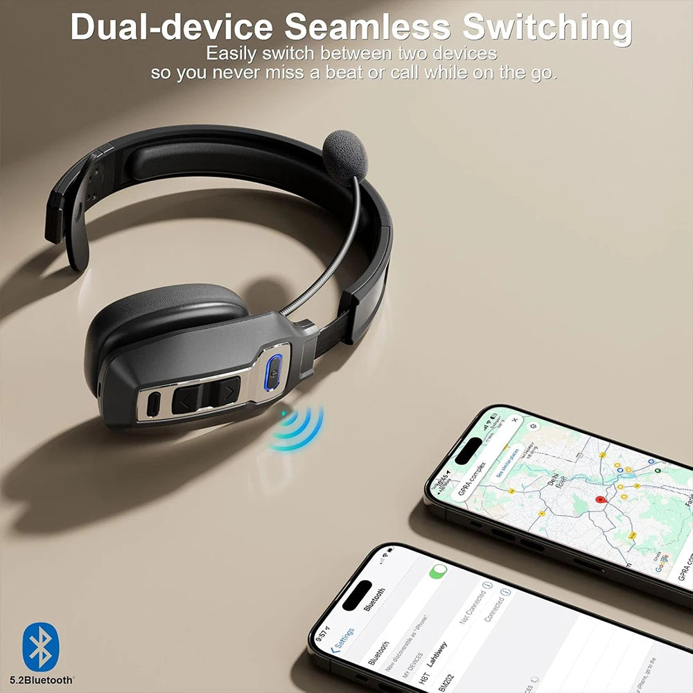 Bluetooth Trucker Headset with Microphone – Wireless On-Ear Headphones with AI Noise Cancelling & Mute Button
