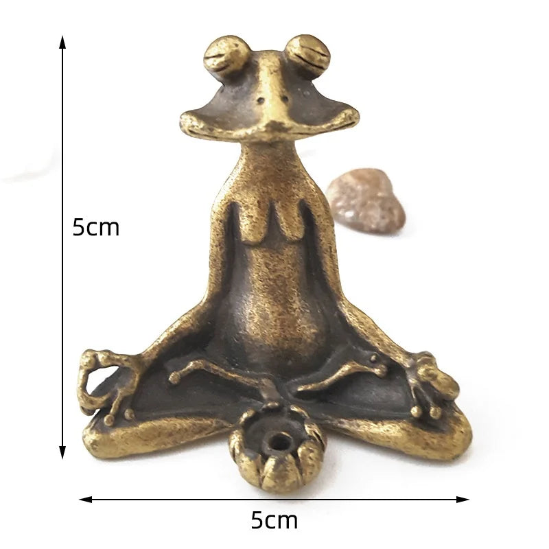 Antique Brass Zen Frog Statue - Meditation Copper Animal Sculpture Incense Burner Home Desk Decor Tea Pet Ornament
