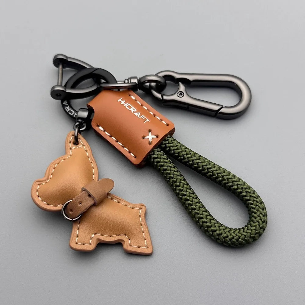 French Bulldog Leather Keychain - Handmade Braided Rope Key Holder with Anti-Loss Strap for Car, Women & Men
