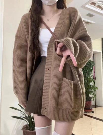 Autumn Winter Women’s Cardigan Sweater Coat – Fashion Long Sleeve V-Neck, Loose Fit Knitted Jacket, Casual Sweater Cardigan