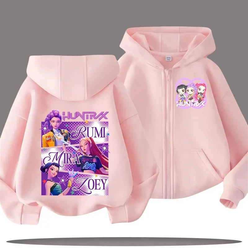 Funny Kpop Demon Hunters Zip-Up Sweatshirt – Kids Hoodie for Girls & Boys, Casual Zipper Hoody Top