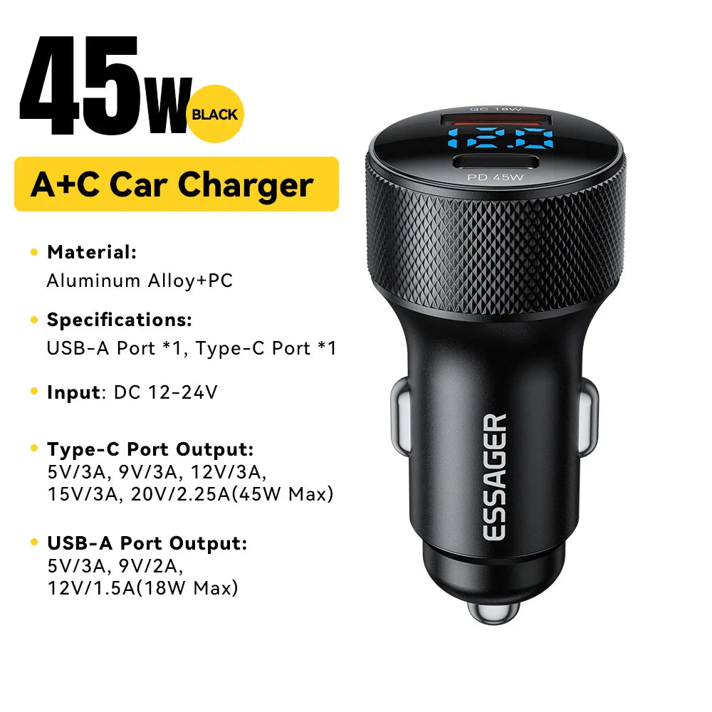 Essager 45W USB-C Car Charger – Dual Port PD 3.0 & QC 3.0 Fast Charging Adapter with Digital Display for iPhone 16/15, Samsung, Xiaomi, Huawei & OPPO Devices