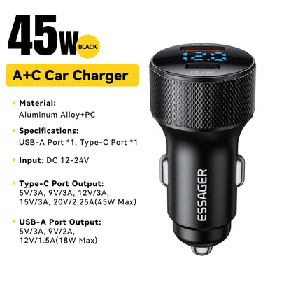 Essager 45W USB-C Car Charger – Dual Port PD 3.0 & QC 3.0 Fast Charging Adapter with Digital Display for iPhone 16/15, Samsung, Xiaomi, Huawei & OPPO Devices