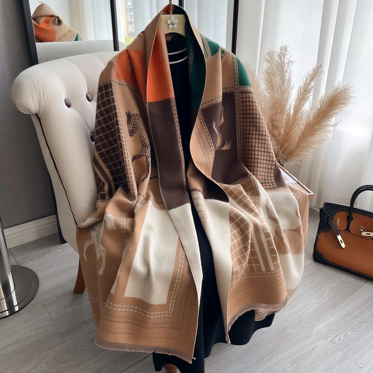 Autumn Winter Women’s Scarf — Pashmina Shawl & Wrap, Thick Cashmere Blanket Stole, Warm Outdoor Bufanda 2024 New Print