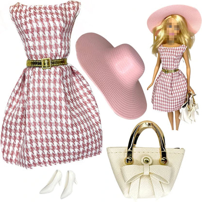Elegant 1/6 Doll Outfit – Pink Houndstooth Dress, Hat, Gold Belt, Handbag & Shoes Set