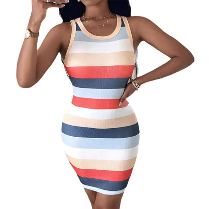 Women's O-Neck Sleeveless Striped Bodycon Mini Dress – Summer Patchwork Party Fashion Dress