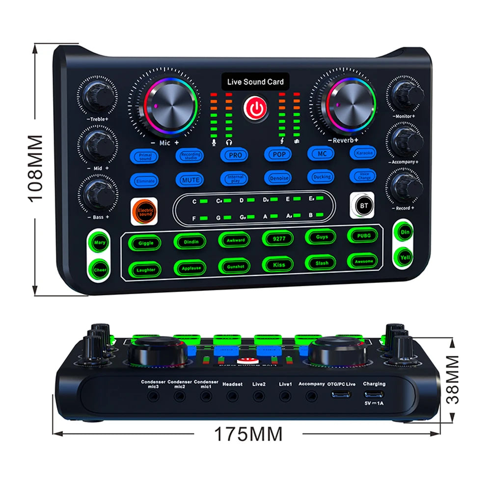 X60 Voice Changer Sound Card – Sound Mixer Board with Multiple Effects for Live Streaming & Music Recording