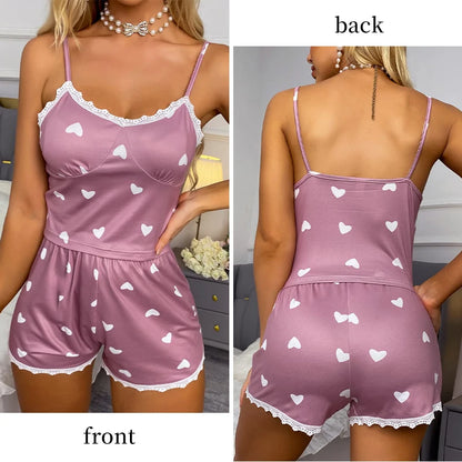 Women’s Lace V-Neck Pajama Set – Printed Suspender Top & Shorts Two-Piece Sleepwear