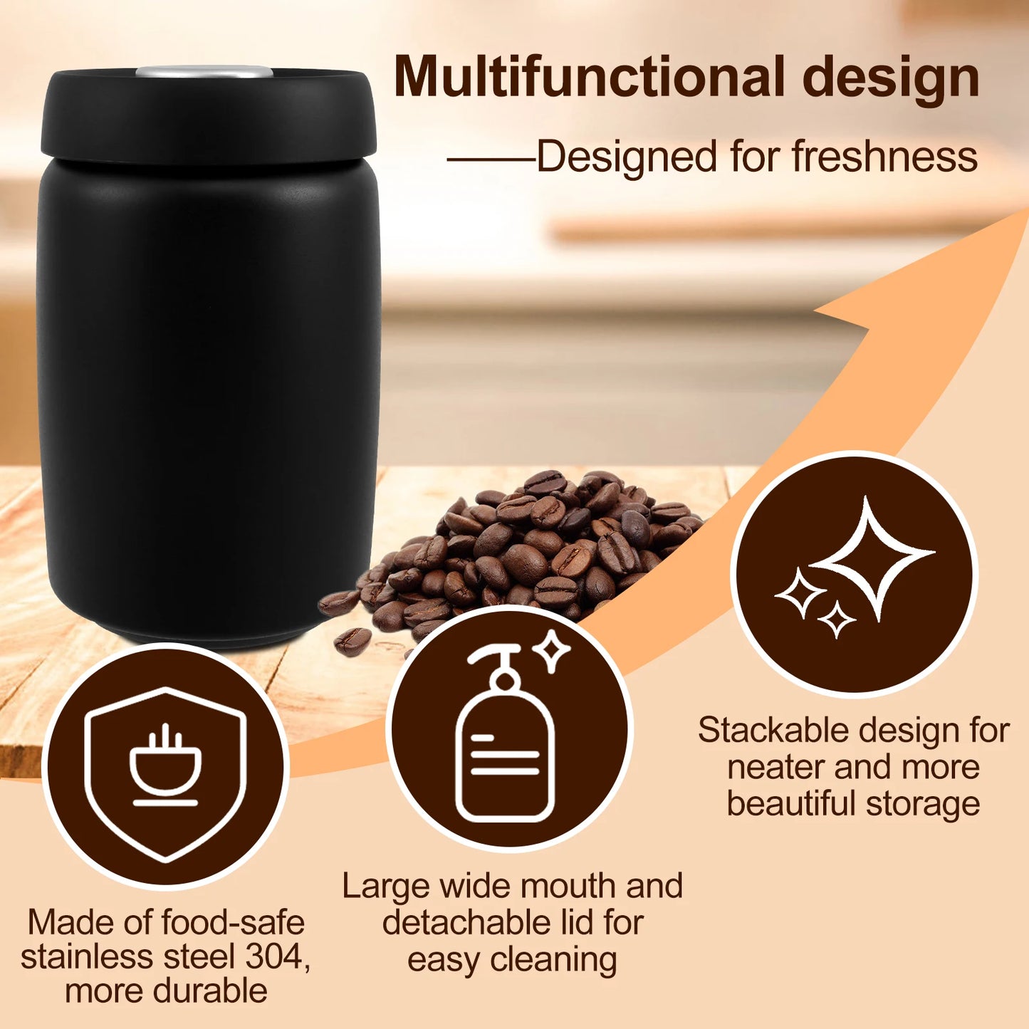 1200ml Stainless Steel Coffee Bean Storage — Vacuum Sealed, Airtight & Moisture-Proof Kitchen Container to Keep Food Fresh