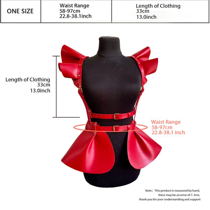 Women’s Gothic Leather Harness Skirt Belt with Ruffle Hem, Fashion Waist & Shoulder Body Harness Clothing Accessory